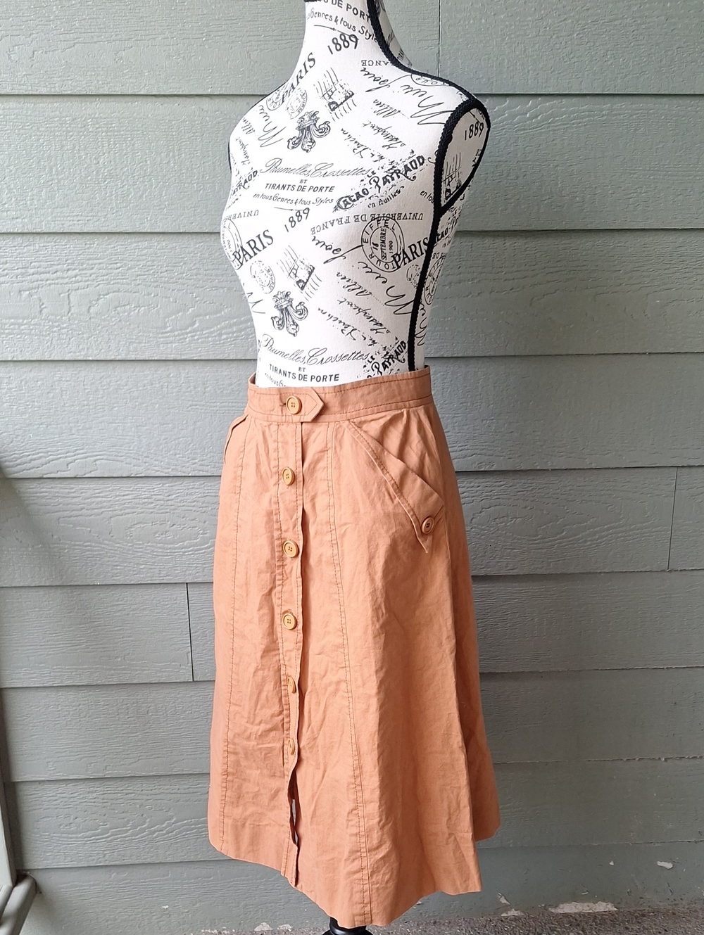 Vintage 80s French J. Tiktiner Brown Lagenlook Button-front Midi Skirt Sz M**